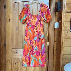 Tropical pattern cotton puff sleeve smocked tiered midi dress with pockets